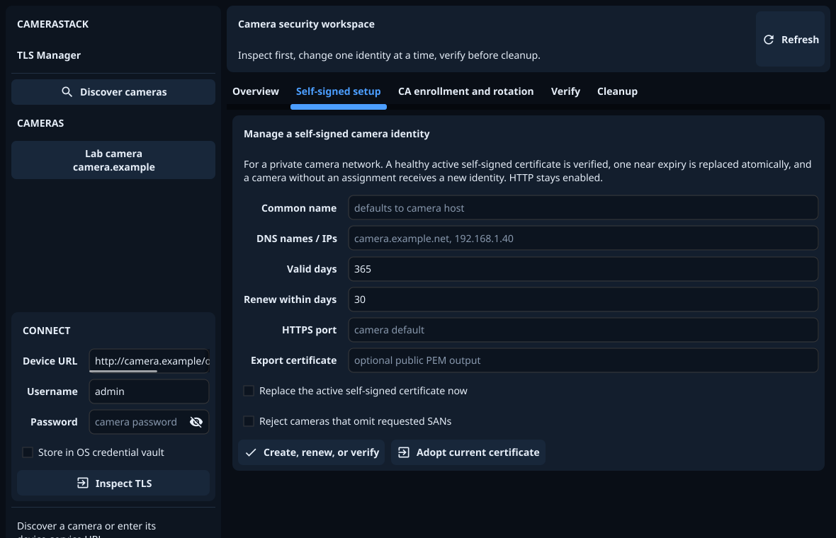 CameraStack TLS Manager managing a self-signed camera identity