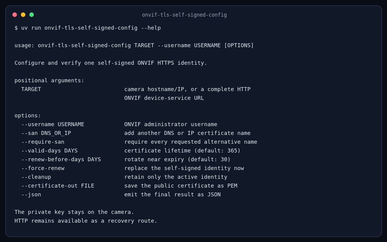 The ONVIF TLS Self-Signed Configurator command-line interface